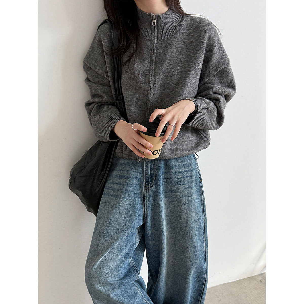 鹿西 立领拉链抽绳针织毛衣女26秋新韩系开衫百搭卫衣外套ss10