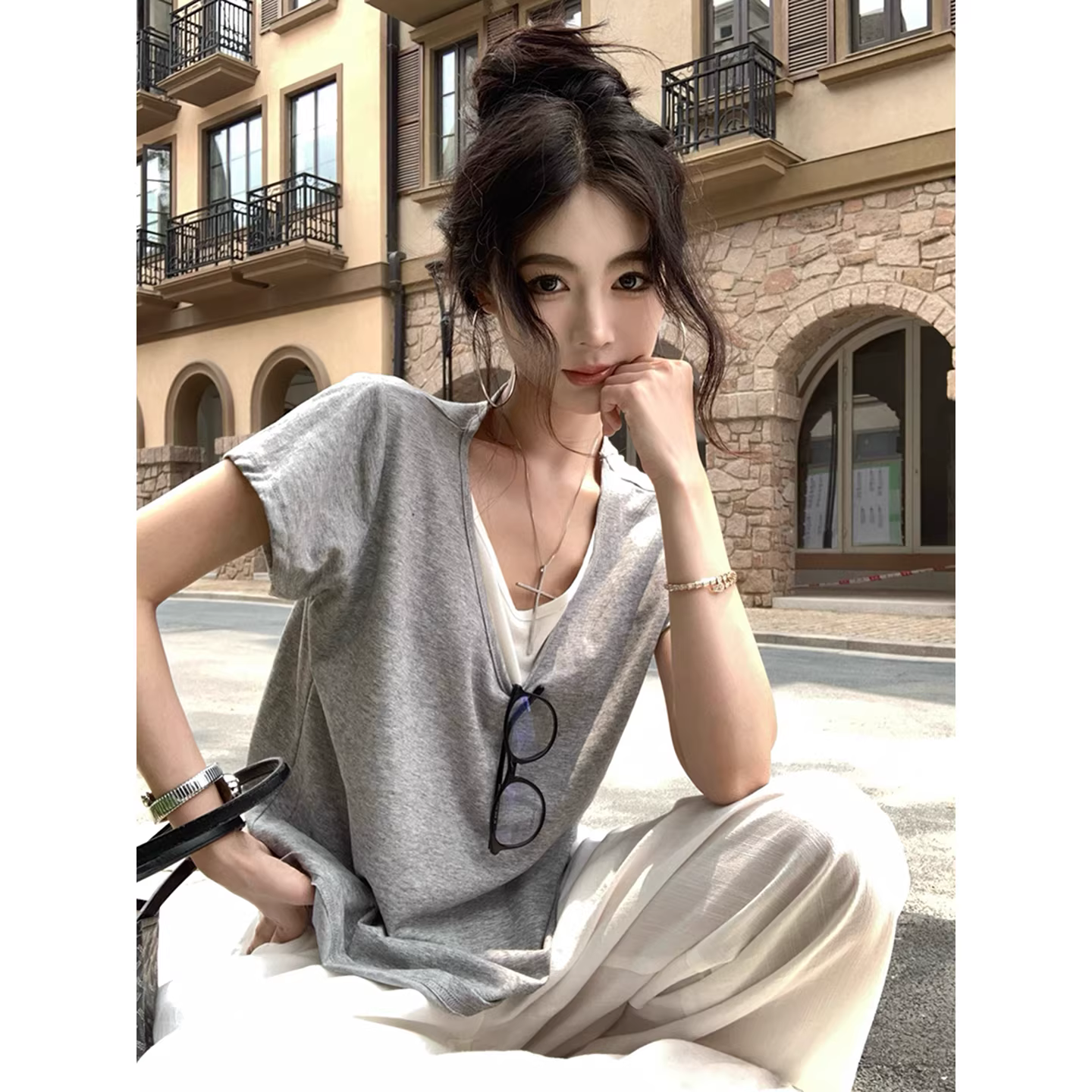 假两件V领短袖T恤女2026新款夏季胖mm大尺码宽松慵懒松弛感穿